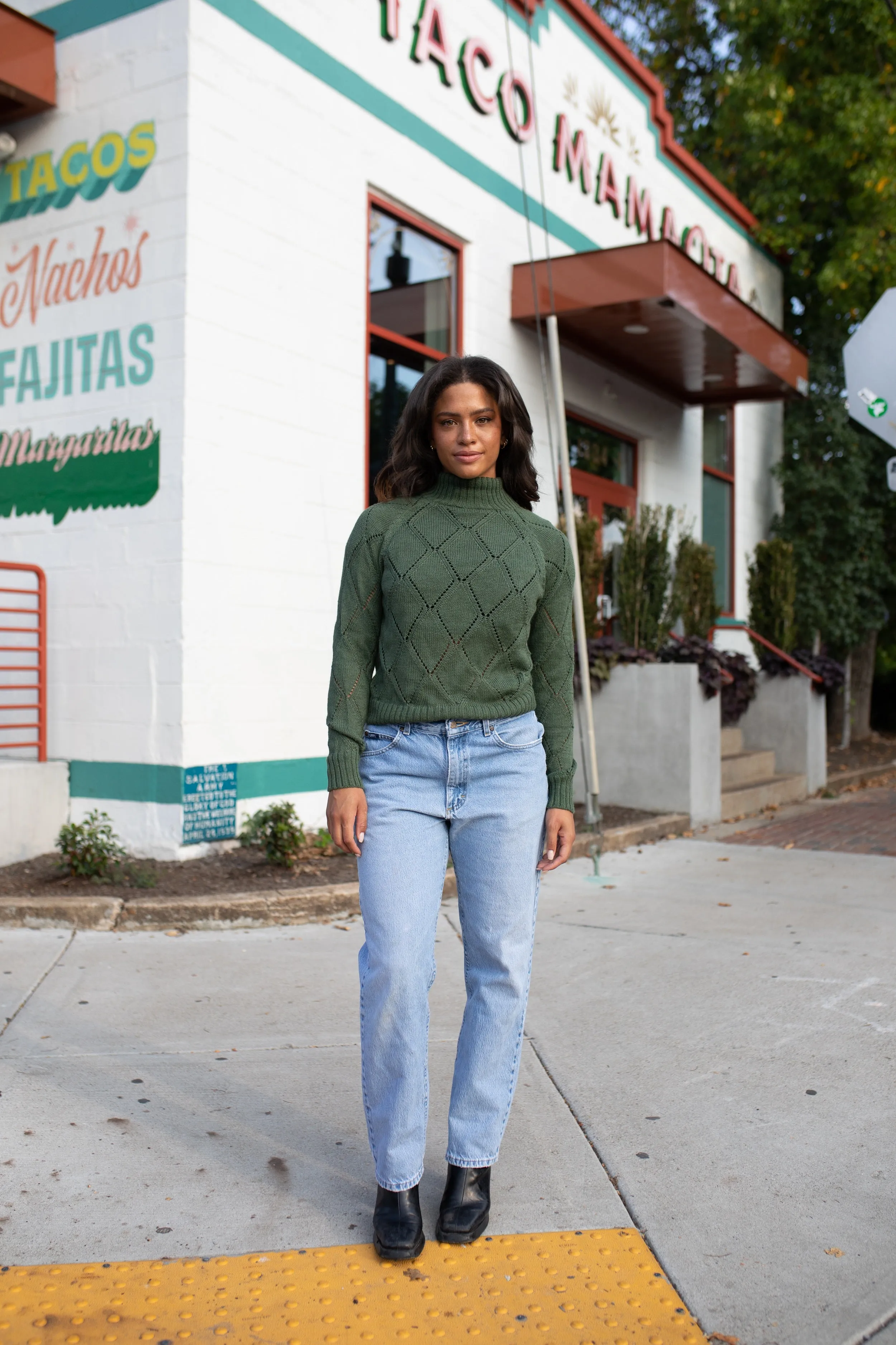 Baby Alpaca Lace Knit Mock Pullover in Sage Green - Pre-Order 2/30