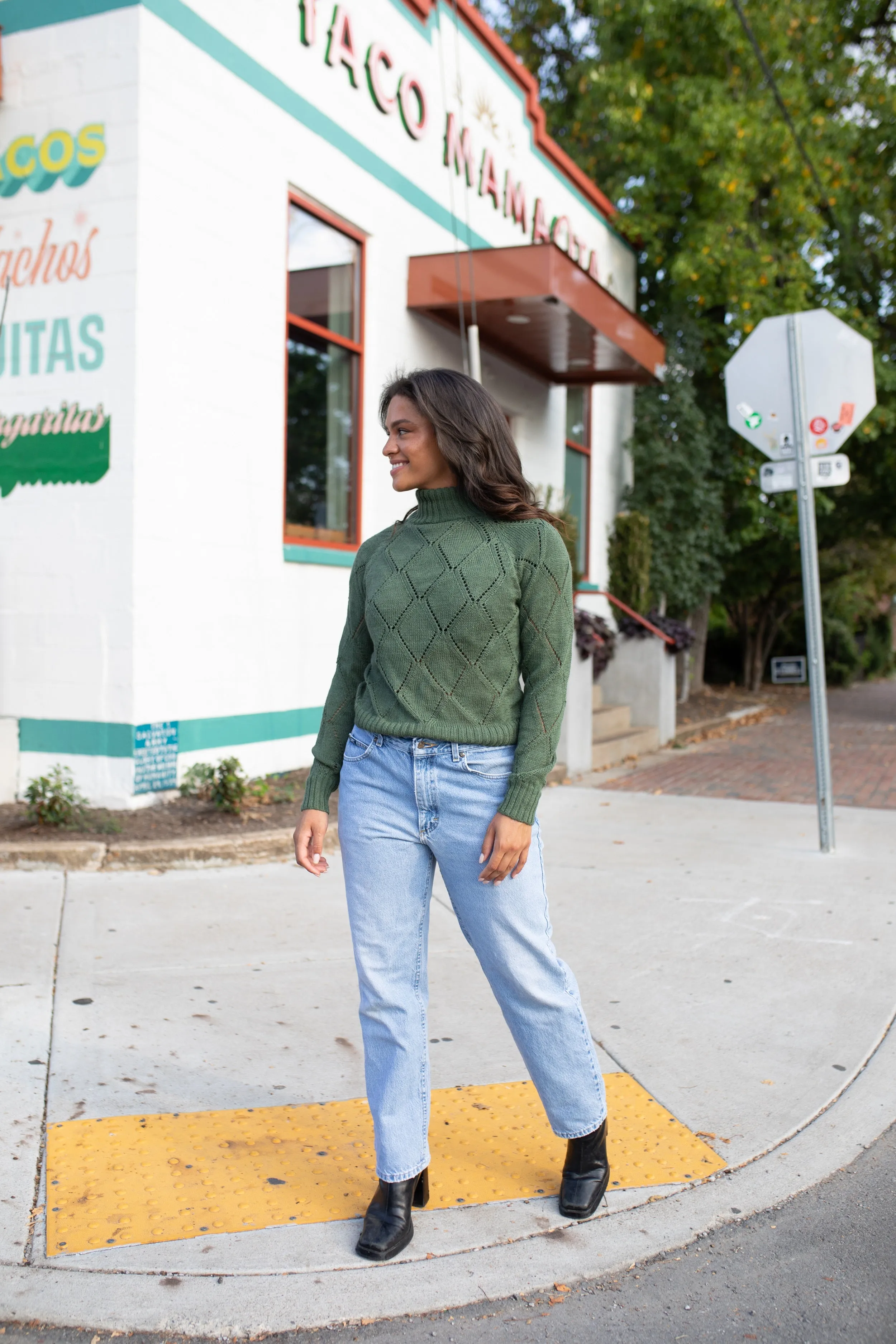 Baby Alpaca Lace Knit Mock Pullover in Sage Green - Pre-Order 2/30