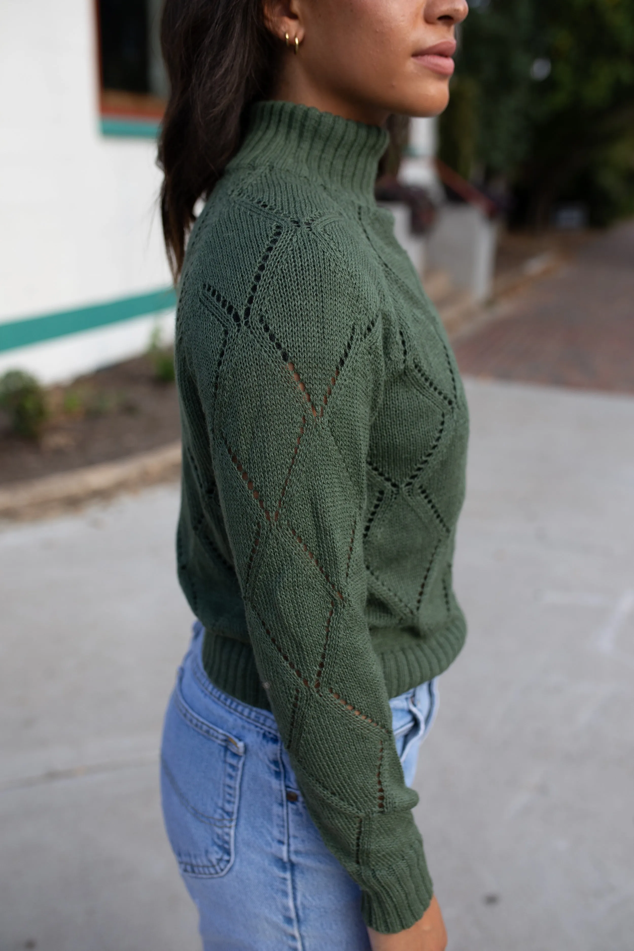 Baby Alpaca Lace Knit Mock Pullover in Sage Green - Pre-Order 2/30