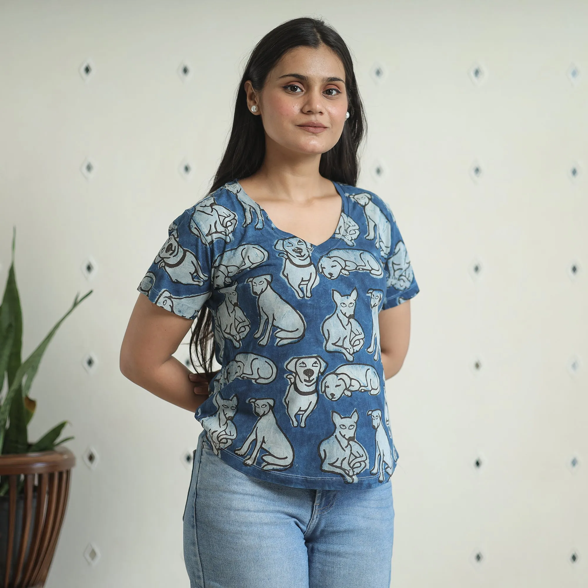 Blue - Bindaas Block Art Printed Cotton Women V Neck T-shirt 10