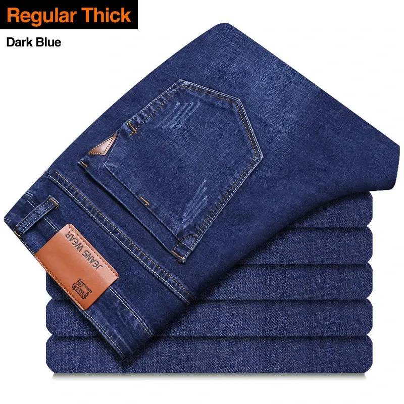 Brother Wang Classic Style Men Brand Jeans Business Casual Stretch Slim Denim Pants Light Blue Black Trousers Male