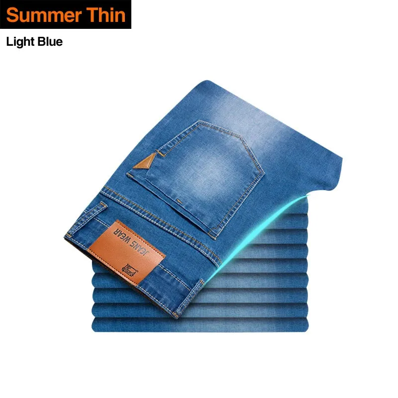 Brother Wang Classic Style Men Brand Jeans Business Casual Stretch Slim Denim Pants Light Blue Black Trousers Male