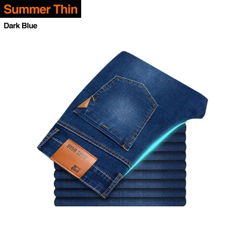 Brother Wang Classic Style Men Brand Jeans Business Casual Stretch Slim Denim Pants Light Blue Black Trousers Male