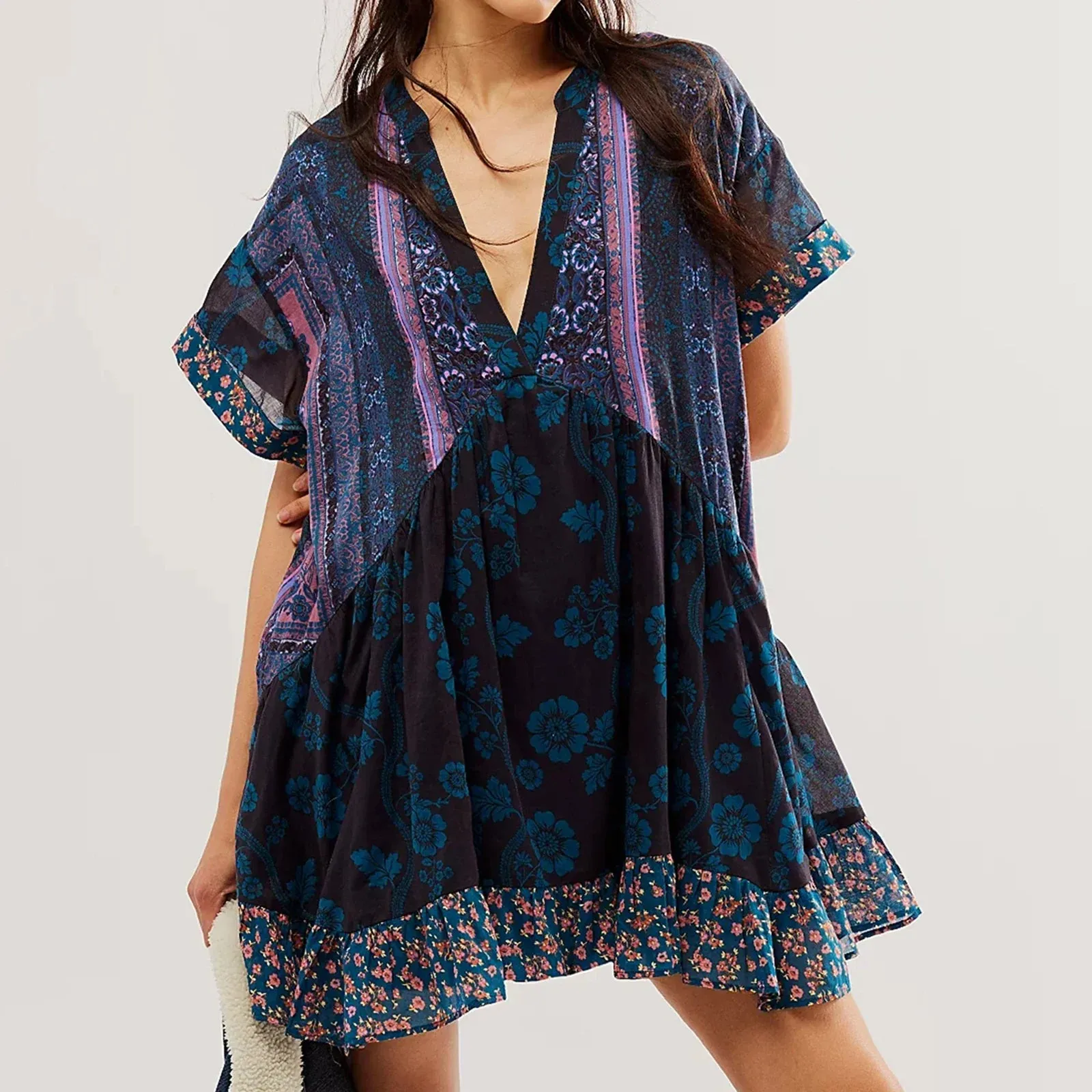 Deep V-Neck Puff Sleeve Mini Women's Summer Beach Boho Dress