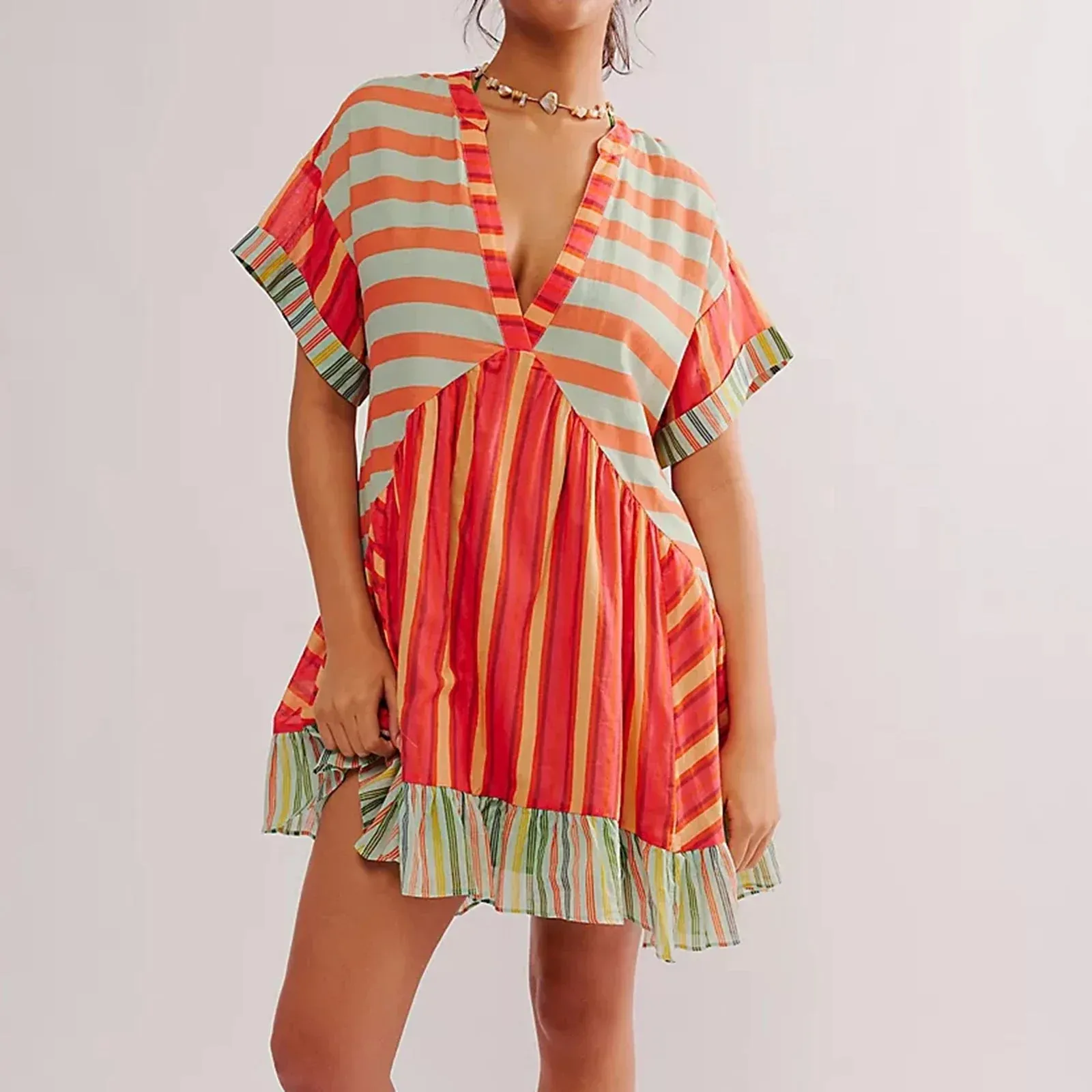 Deep V-Neck Puff Sleeve Mini Women's Summer Beach Boho Dress