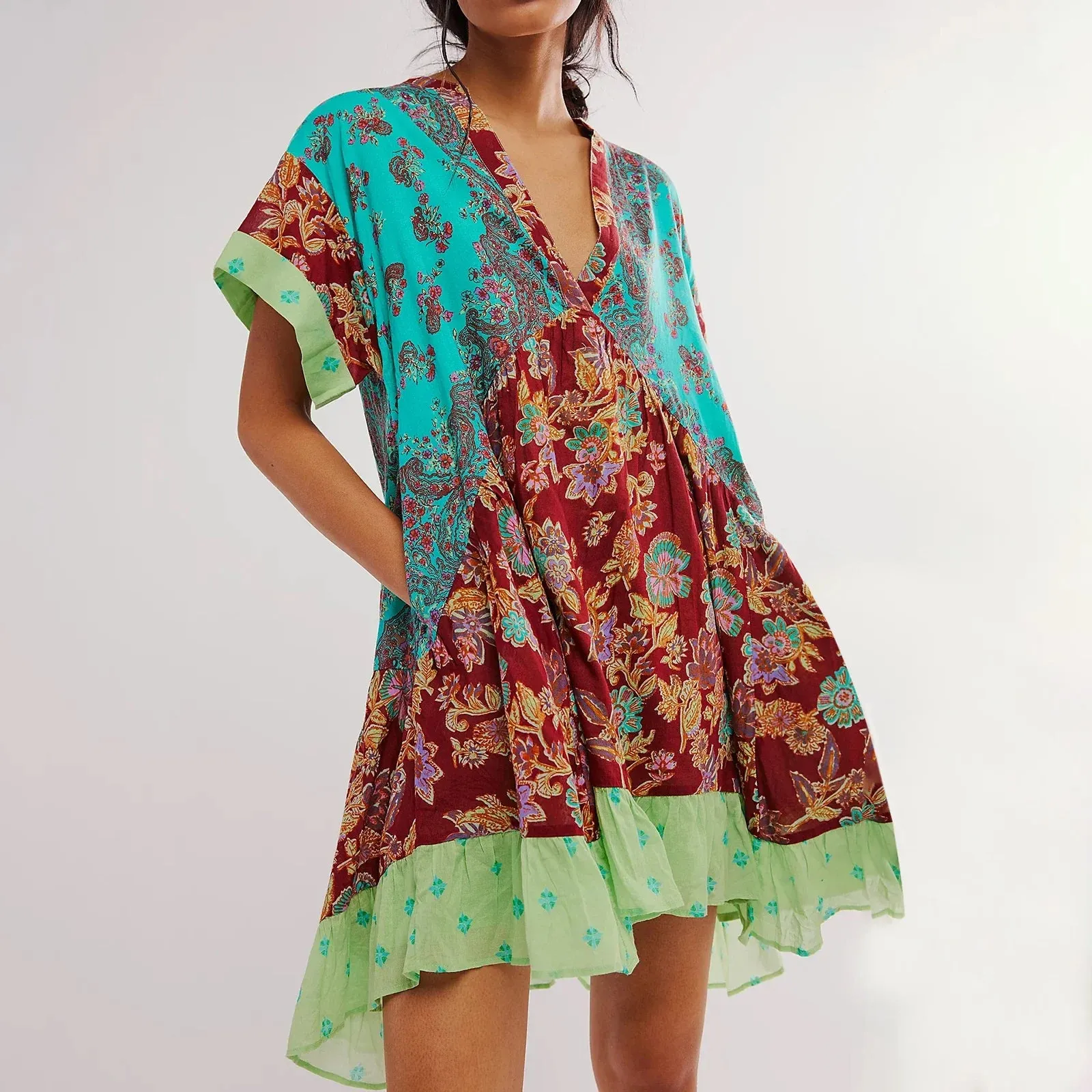 Deep V-Neck Puff Sleeve Mini Women's Summer Beach Boho Dress