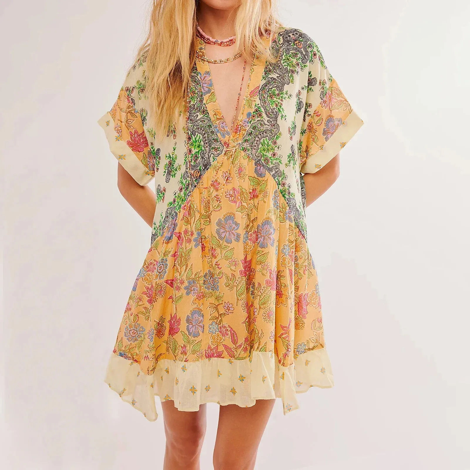 Deep V-Neck Puff Sleeve Mini Women's Summer Beach Boho Dress