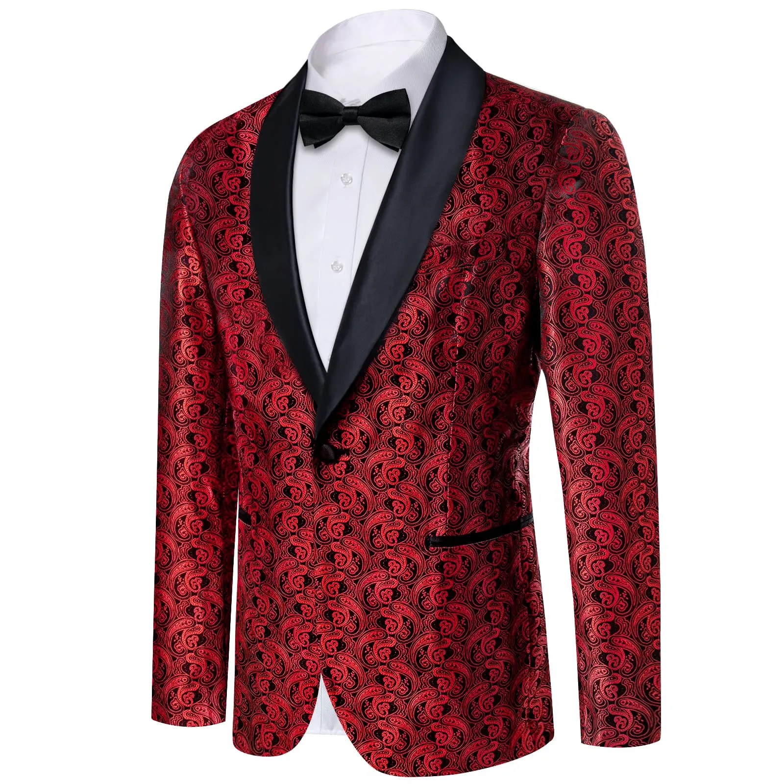 DiBanGu Shawl Collar Suit Carnelian Red Paisley Silk Mens One Button Slim Fit Suit