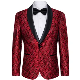 DiBanGu Shawl Collar Suit Carnelian Red Paisley Silk Mens One Button Slim Fit Suit