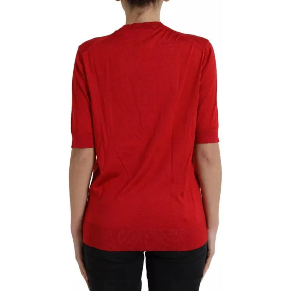 Dolce & Gabbana Red Silk Crewneck Short Sleeve Sweater