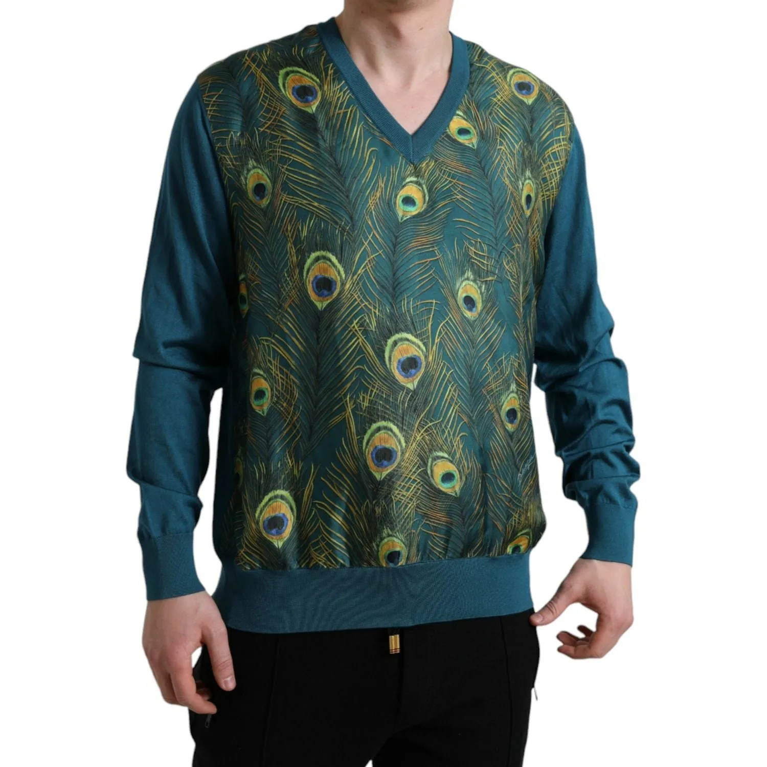 Dolce & Gabbana Silk V-Neck Peacock Feather Sweater