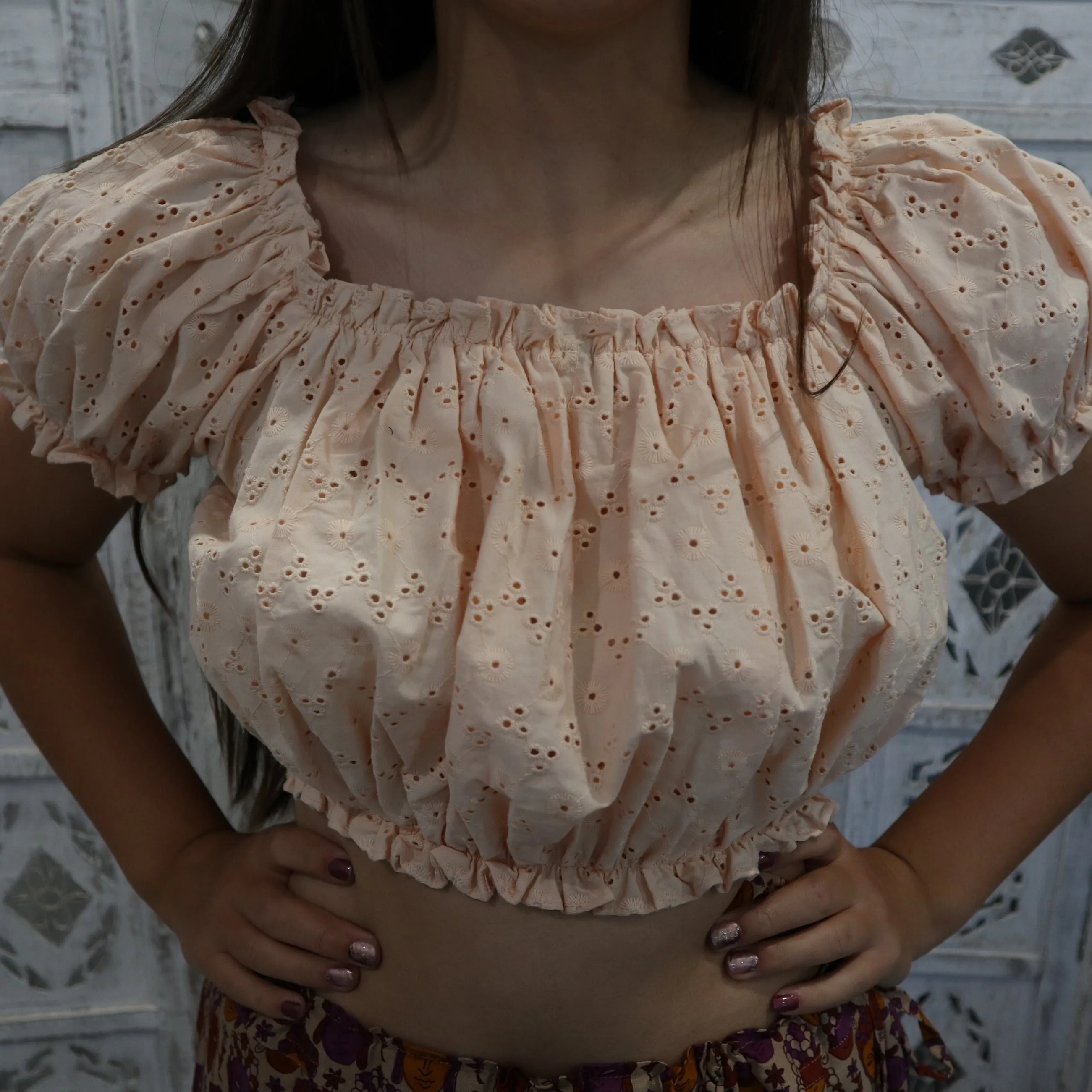 Fair Trade Embroidery Anglaise Cropped Peasant Top