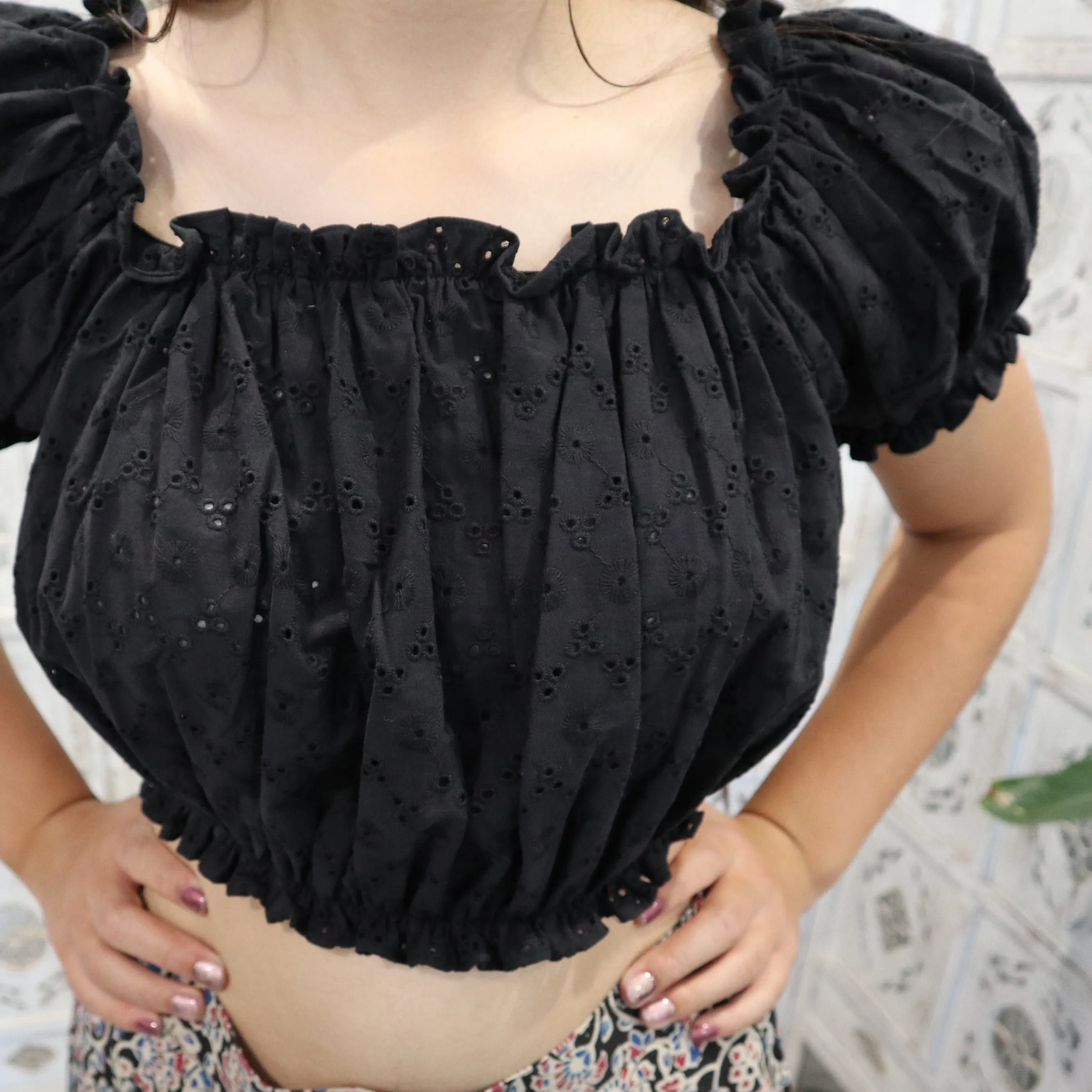 Fair Trade Embroidery Anglaise Cropped Peasant Top