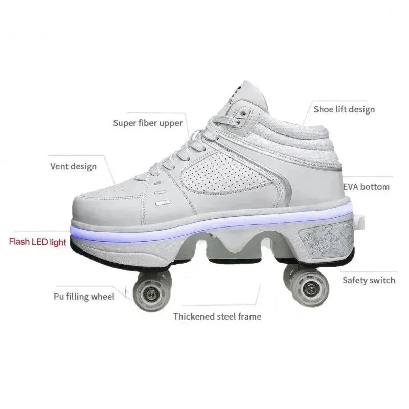 Flash LED Kick Speed Four-Wheel 2 in 1 Deformation Roller Skate Shoes