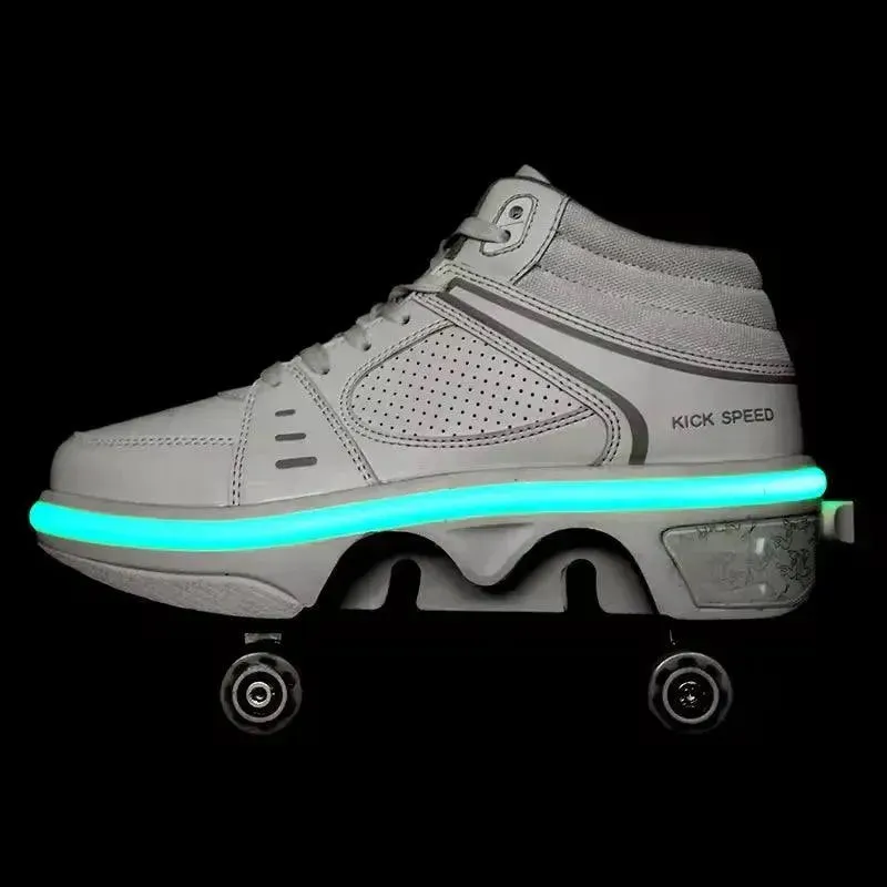 Flash LED Kick Speed Four-Wheel 2 in 1 Deformation Roller Skate Shoes