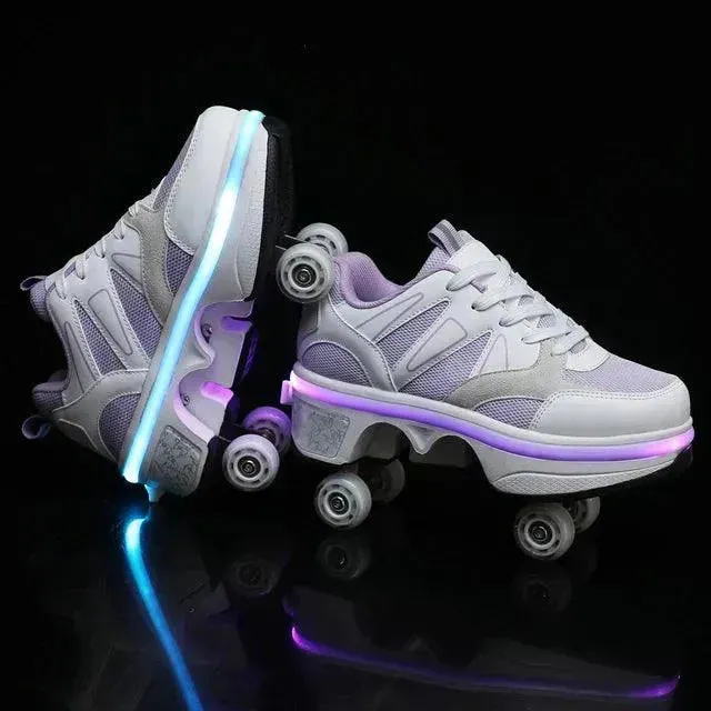 Flash LED Kick Speed Four-Wheel 2 in 1 Deformation Roller Skate Shoes