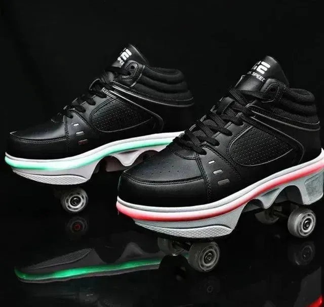 Flash LED Kick Speed Four-Wheel 2 in 1 Deformation Roller Skate Shoes