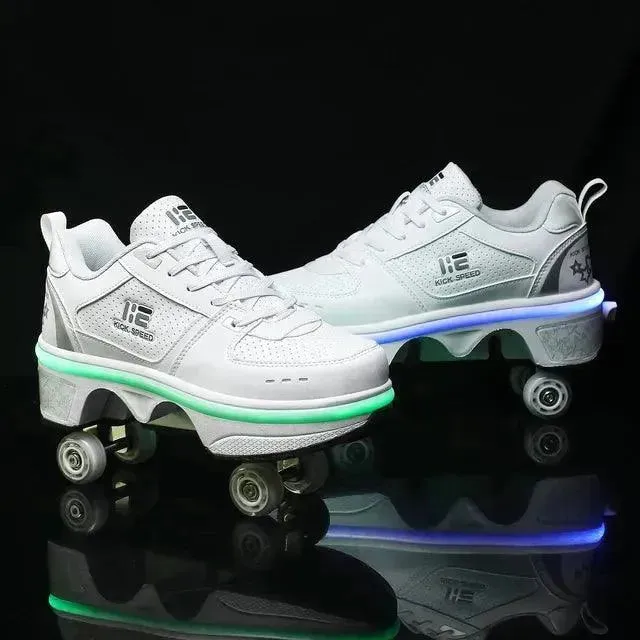 Flash LED Kick Speed Four-Wheel 2 in 1 Deformation Roller Skate Shoes