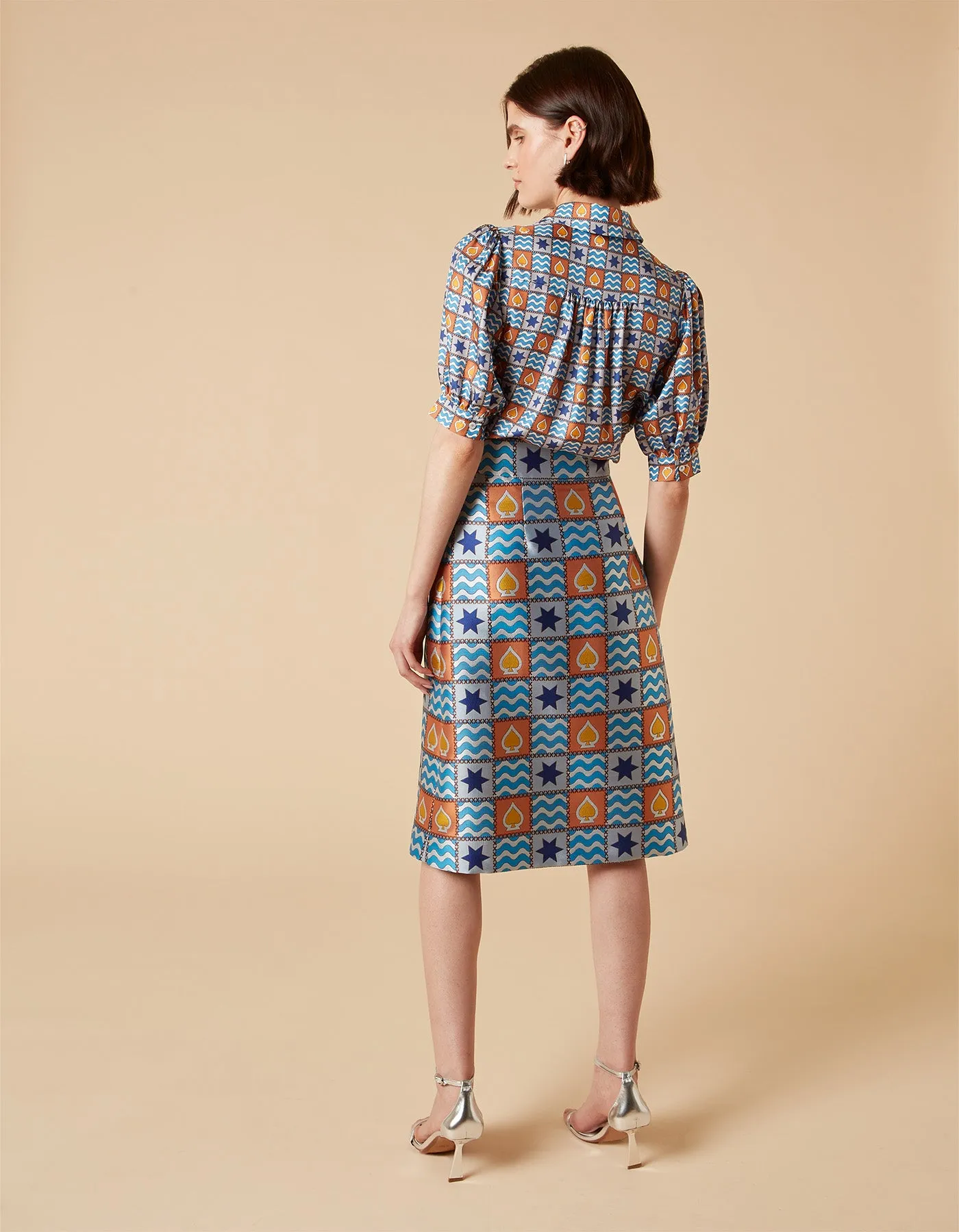 Frankie Blue Patchwork Print Silk Jacquard Midi Skirt