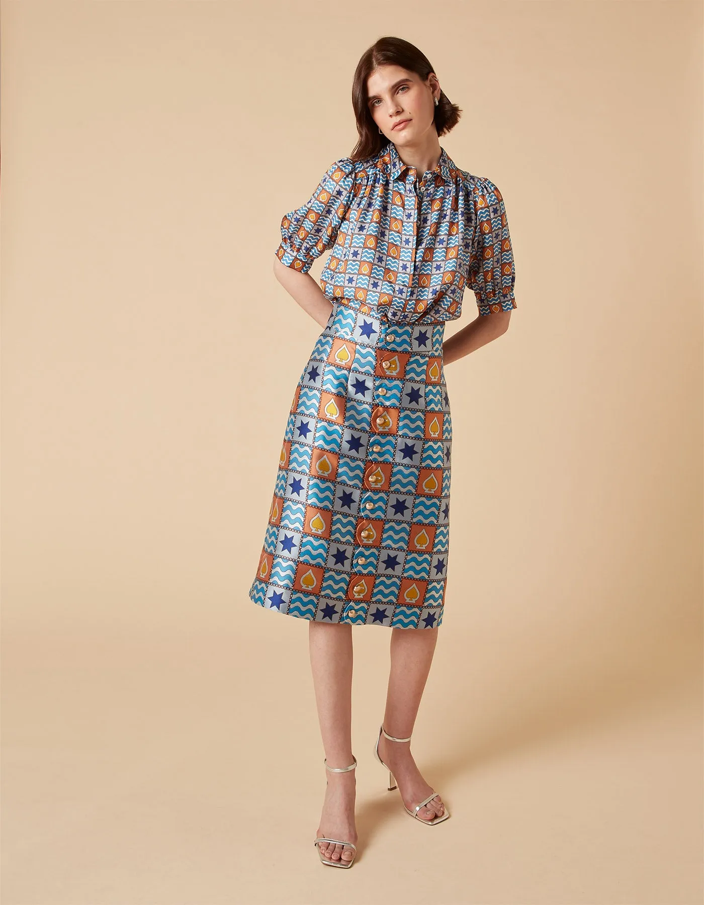 Frankie Blue Patchwork Print Silk Jacquard Midi Skirt