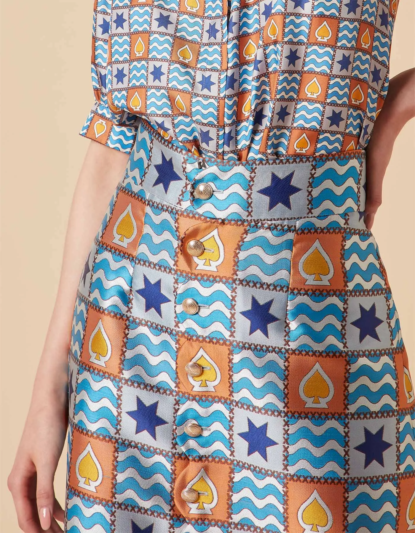 Frankie Blue Patchwork Print Silk Jacquard Midi Skirt