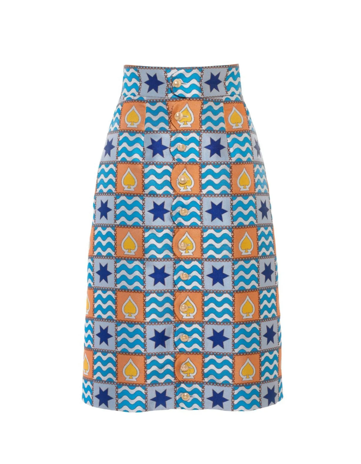 Frankie Blue Patchwork Print Silk Jacquard Midi Skirt