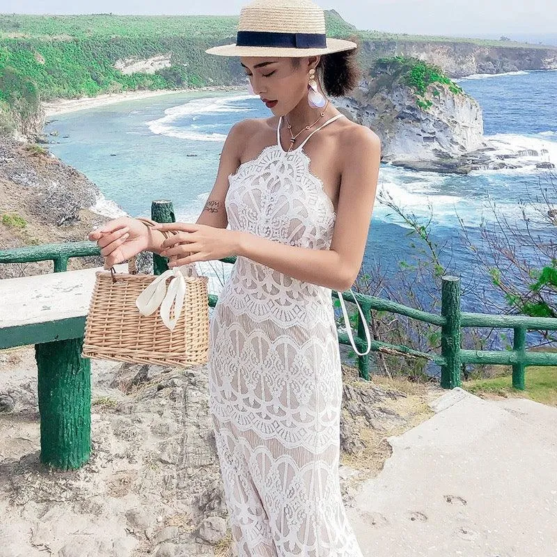 Halterneck Lace Maxi Dress in White