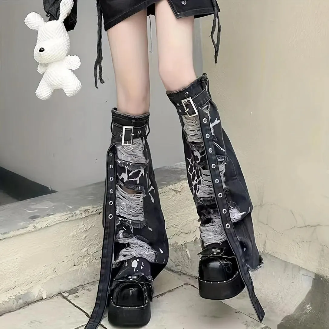 Hot Ripped Denim Vintage Black Denim Leg Warmers Y2K Style