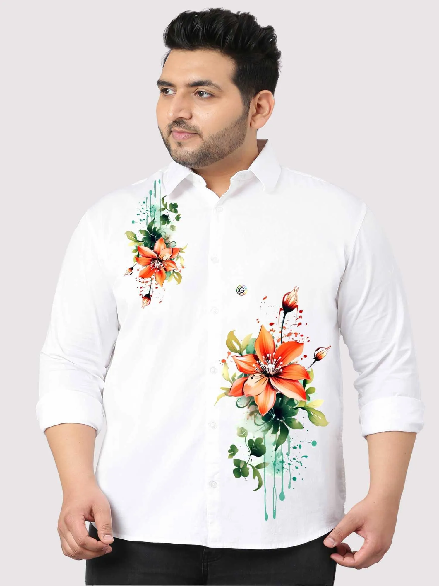 Lily Petals Printed White Shirt Men's Plus Size