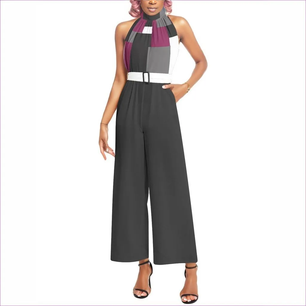 Patchwork Black Halter Neck Buckle Belted Jumpsuit