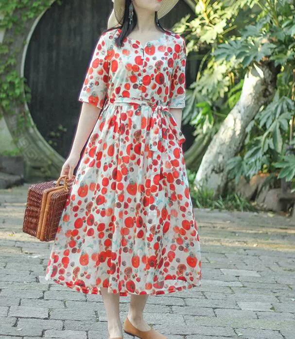 Red Floral Dotted Loose Long Summer Linen Cotton O Neck Spring Dresses