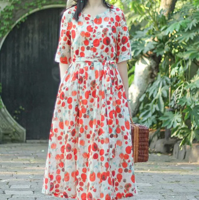 Red Floral Dotted Loose Long Summer Linen Cotton O Neck Spring Dresses