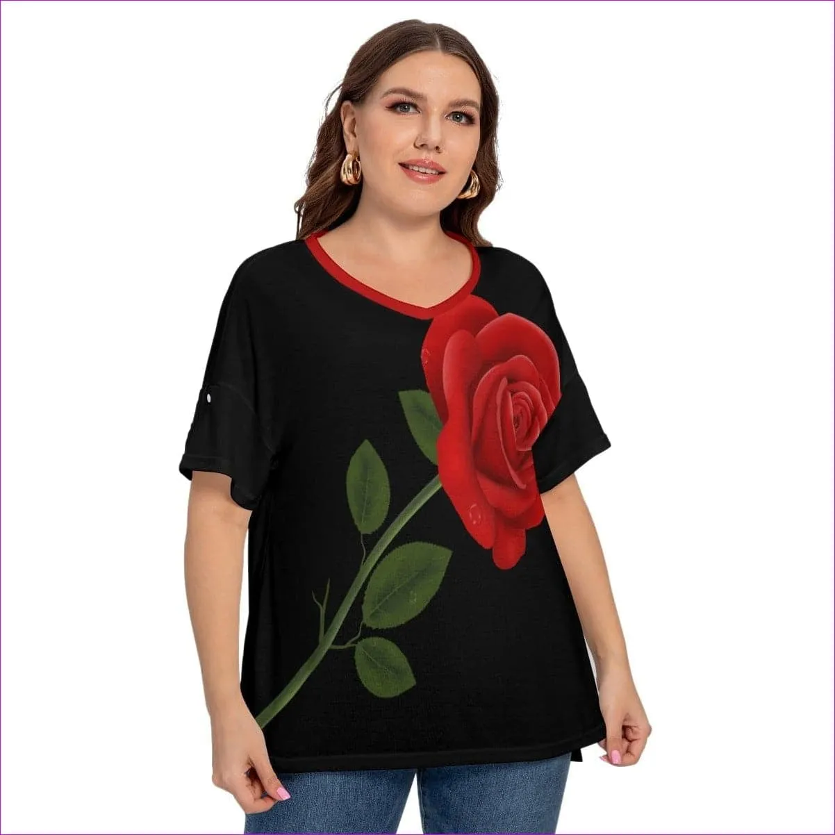 Rose 2 Women's Drop-shoulder Short Sleeve T-shirt With Sleeve Loops Voluptuous ( ) Plus Size