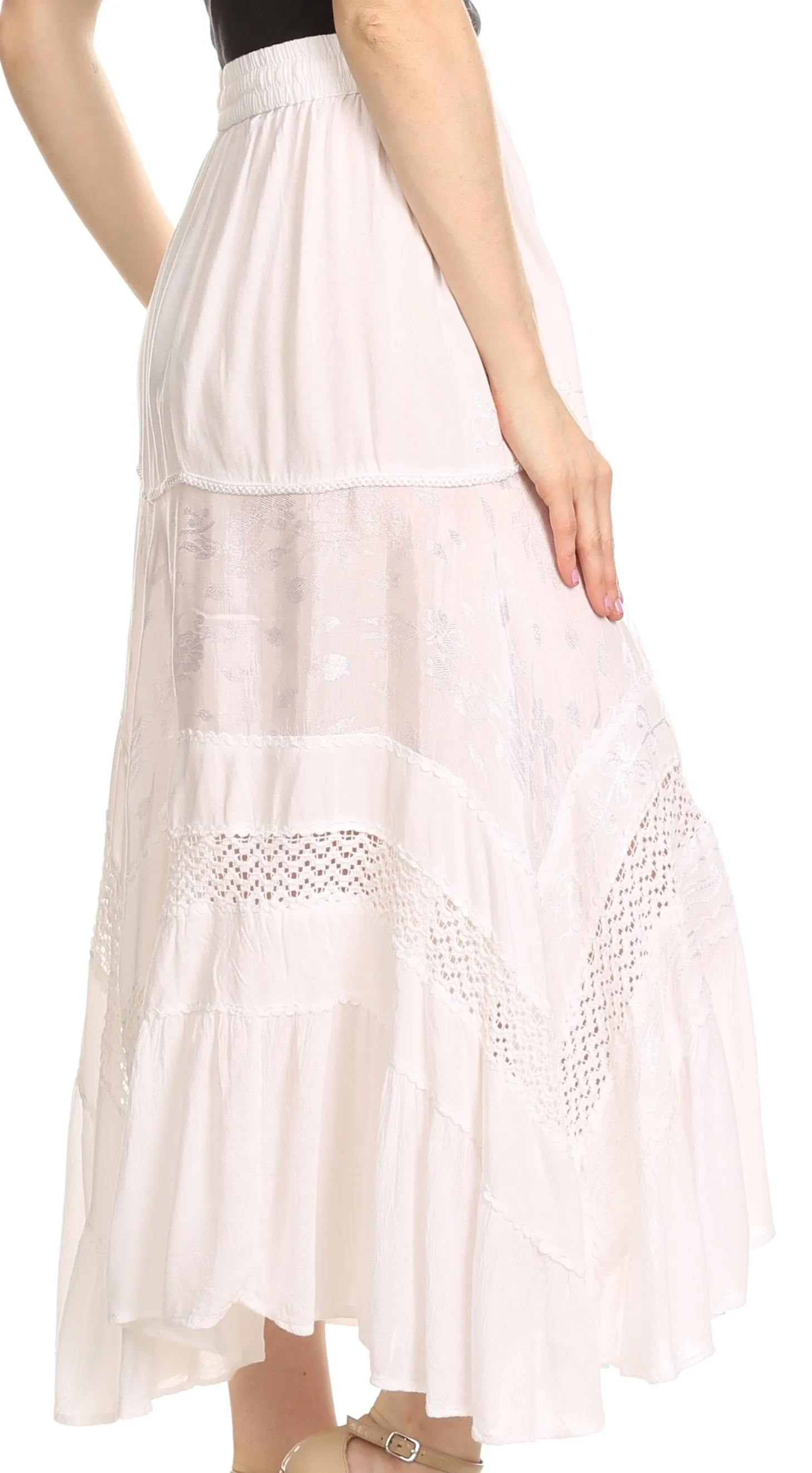 Sakkas Sally Bohemian Casual Mid Length Skirt with Crochet Lace Full Circle