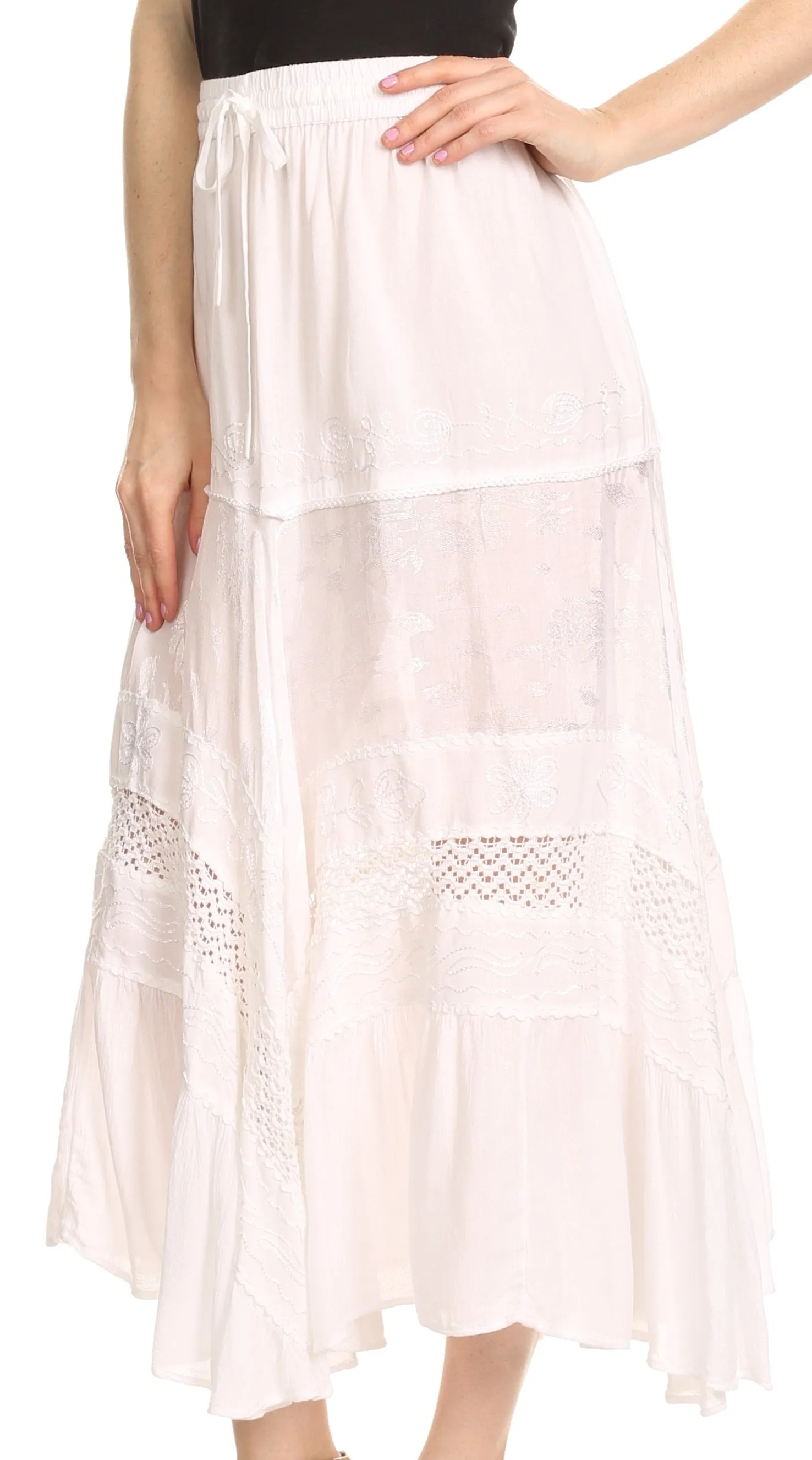 Sakkas Sally Bohemian Casual Mid Length Skirt with Crochet Lace Full Circle