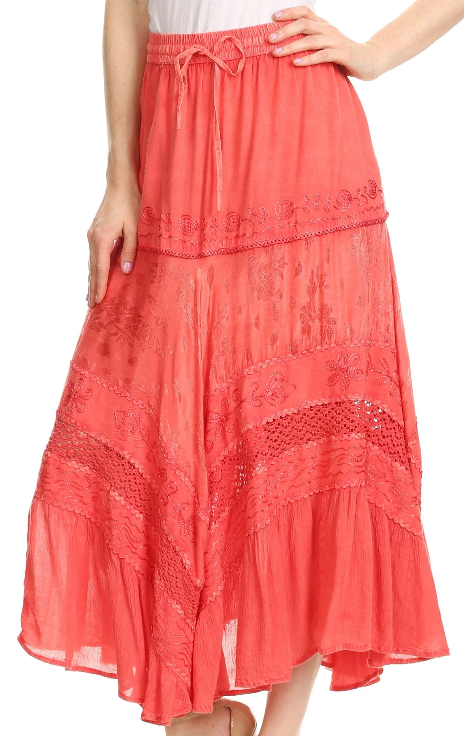 Sakkas Sally Bohemian Casual Mid Length Skirt with Crochet Lace Full Circle