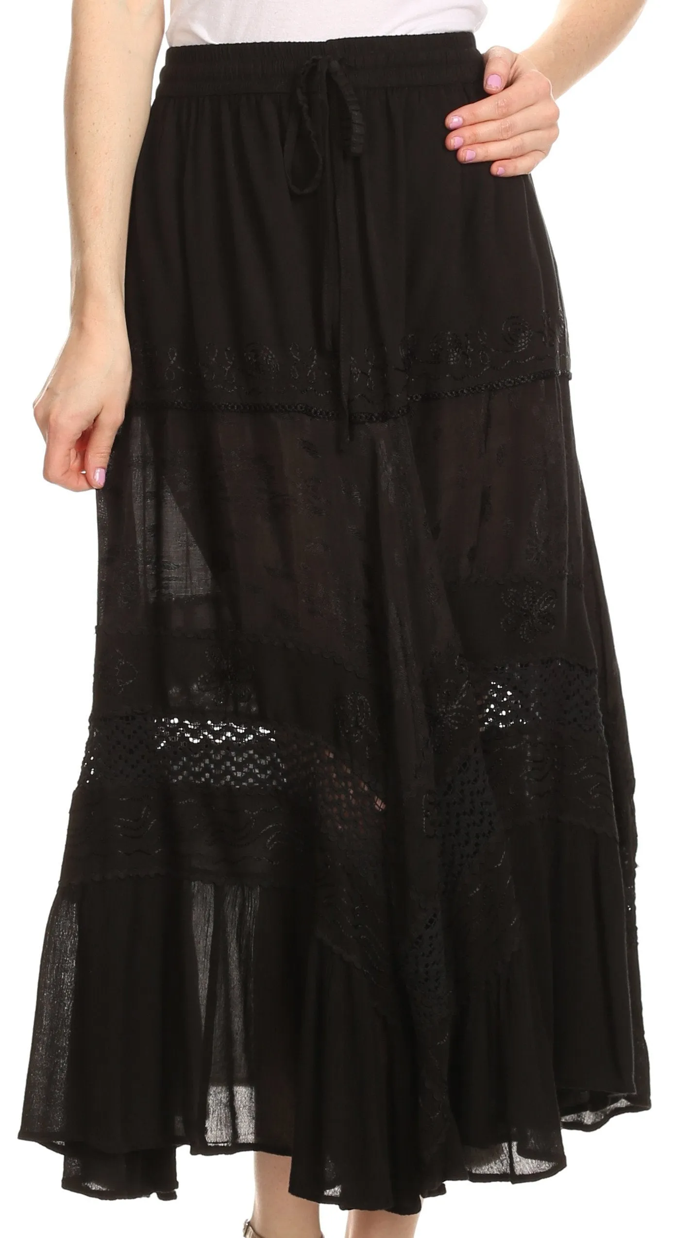 Sakkas Sally Bohemian Casual Mid Length Skirt with Crochet Lace Full Circle