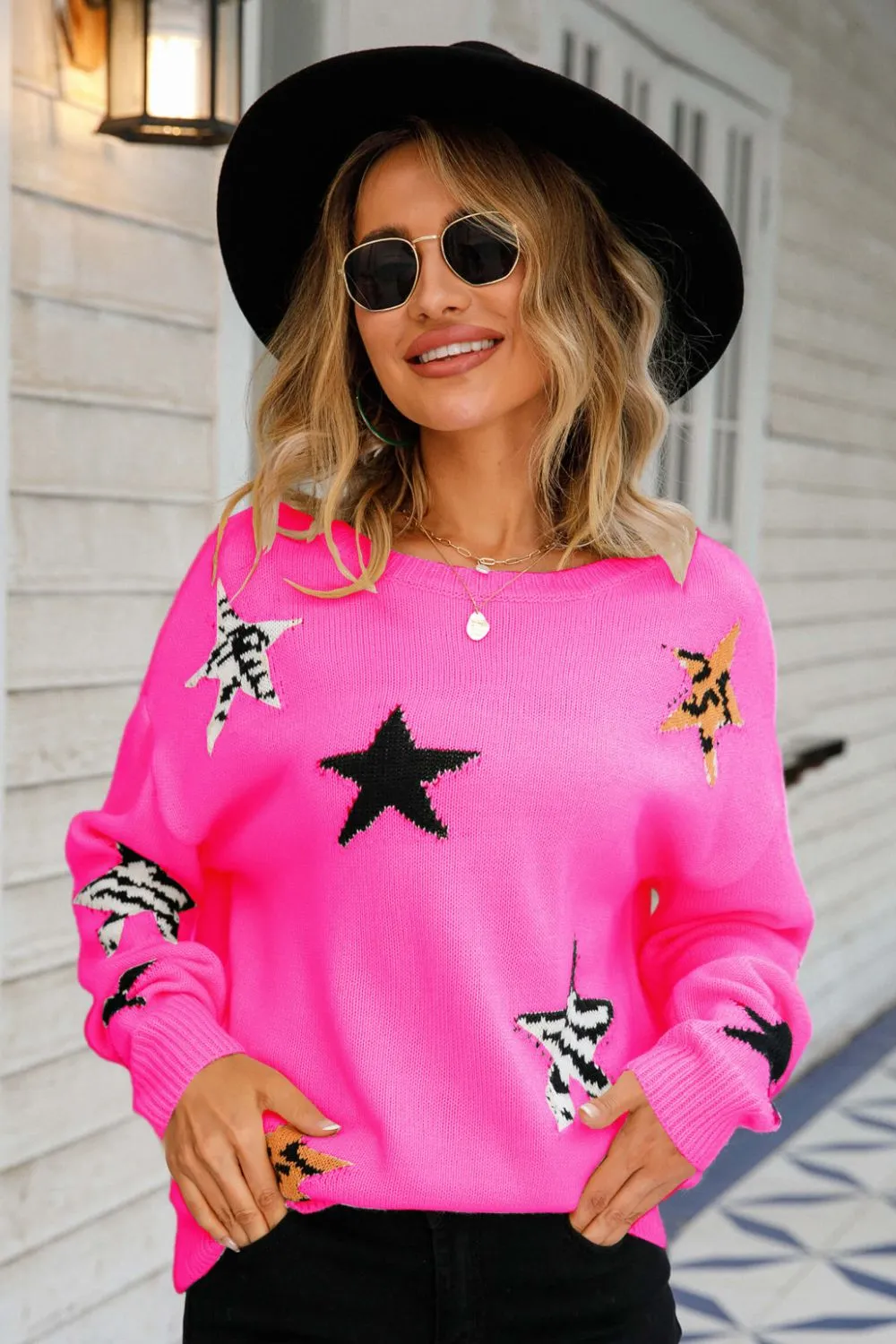 Star Pattern Round Neck Dropped Shoulder Sweater